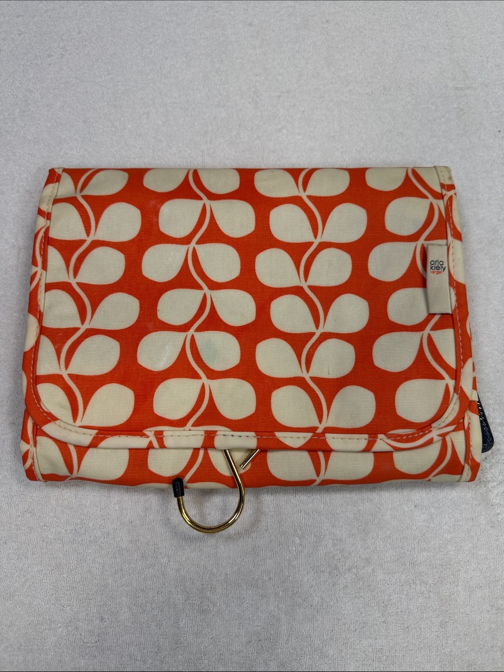 Orla Kiely Orange and Cream Leaf Print Hangong Travel Toiletries Bag
